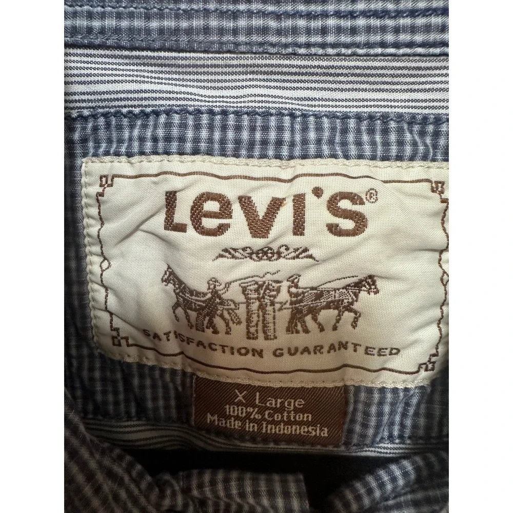 Levis Men XL Blue White Gingham Micro Check Cotton Button Down Shirt Long Sleeve